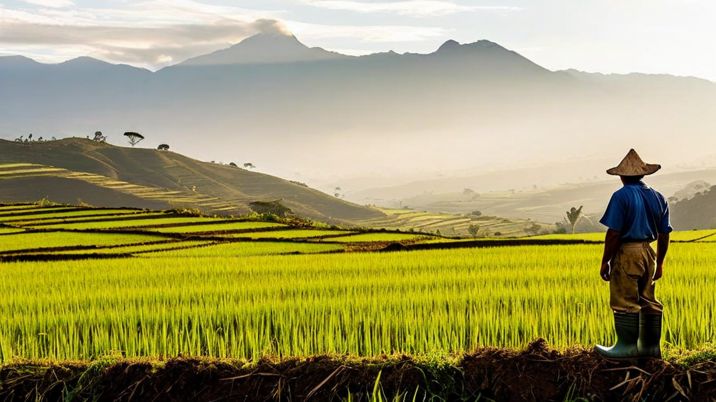 Colombian farmer looking over their field at sunrise