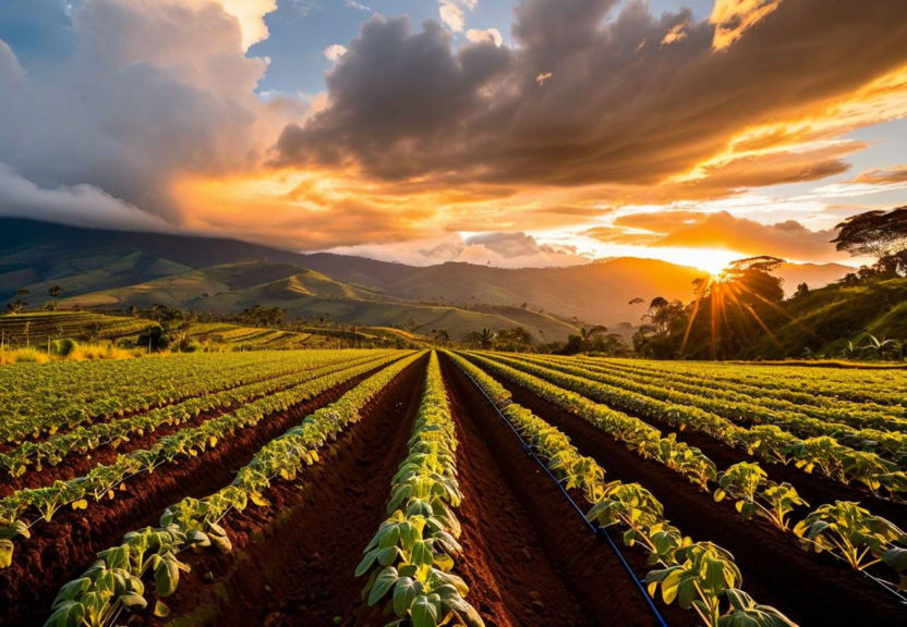 Drip irrigation system at dusk in Colombian highlands