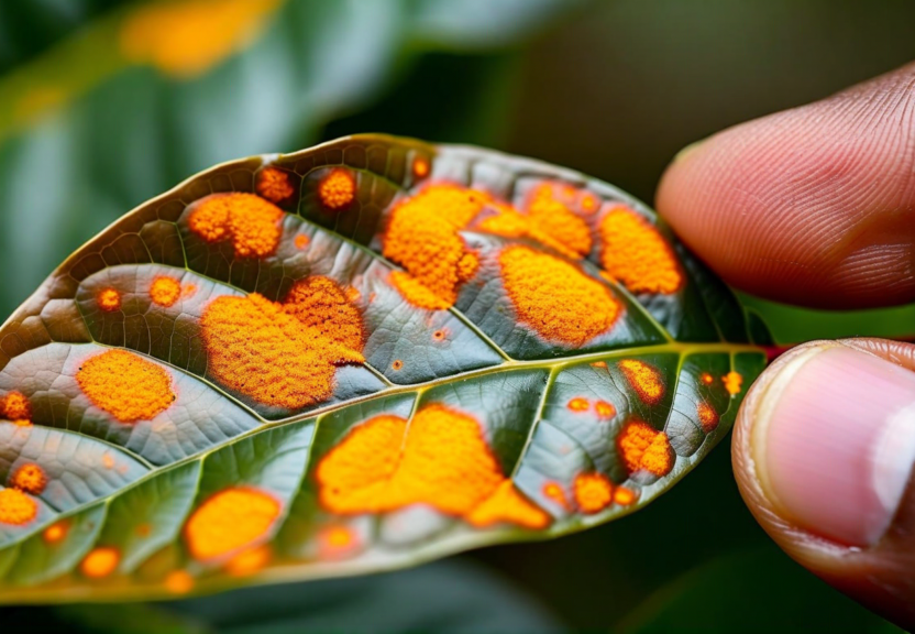 Coffee plant leaf showing early rust signs caught by Sioma pest alert