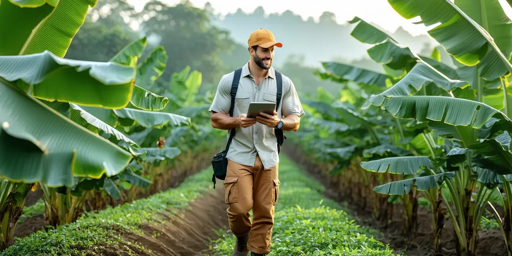 Agronomist walking banana plantation rows with tablet, inspecting leaf health