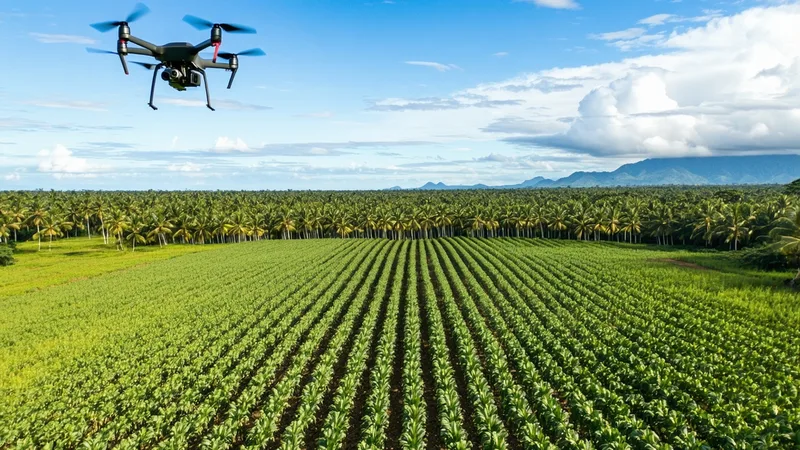 Drone flying over African oil palm plantation in Colombia