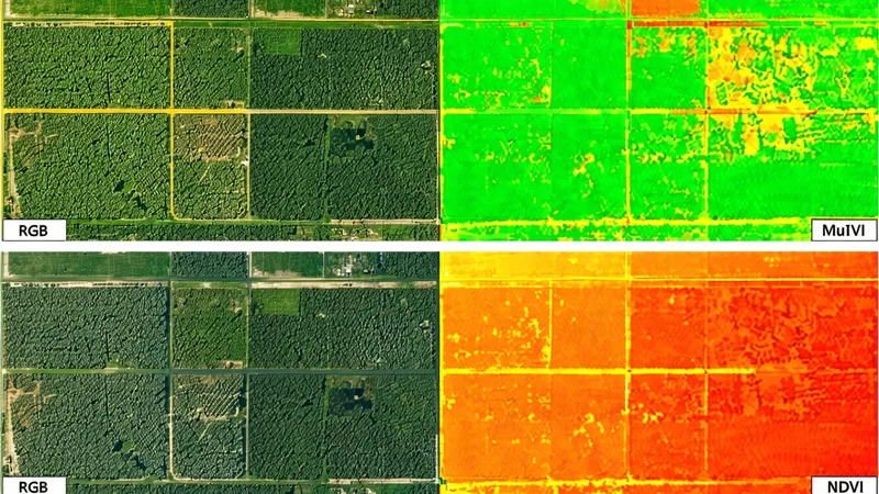 Side-by-side comparison of RGB and multispectral imagery of banana plantation