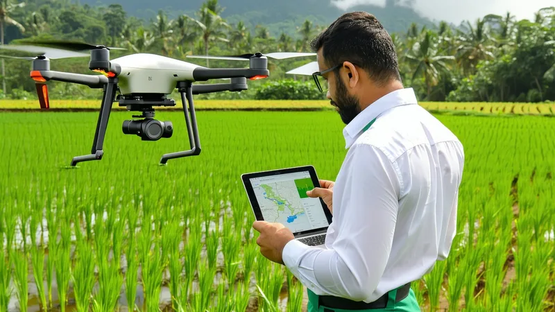 Drone pilot preparing flight plan on tablet in tropical field setting