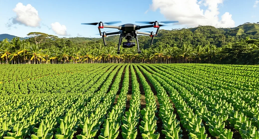 DJI drone flying low over banana plantation rows for multispectral imaging