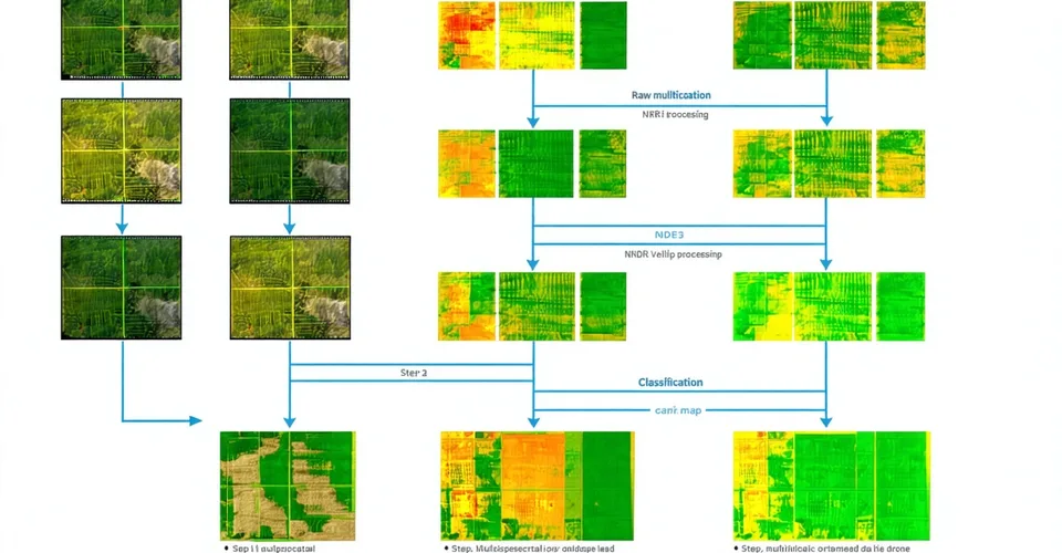 Image processing pipeline diagram showing multispectral analysis workflow from raw images to severity classification
