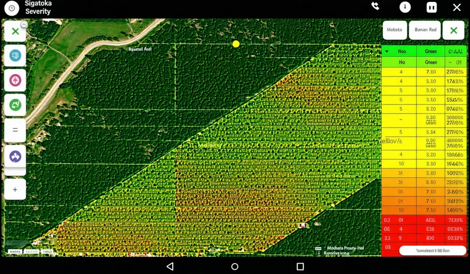 Sample Sioma field report showing aerial heatmap with sigatoka severity zones by block