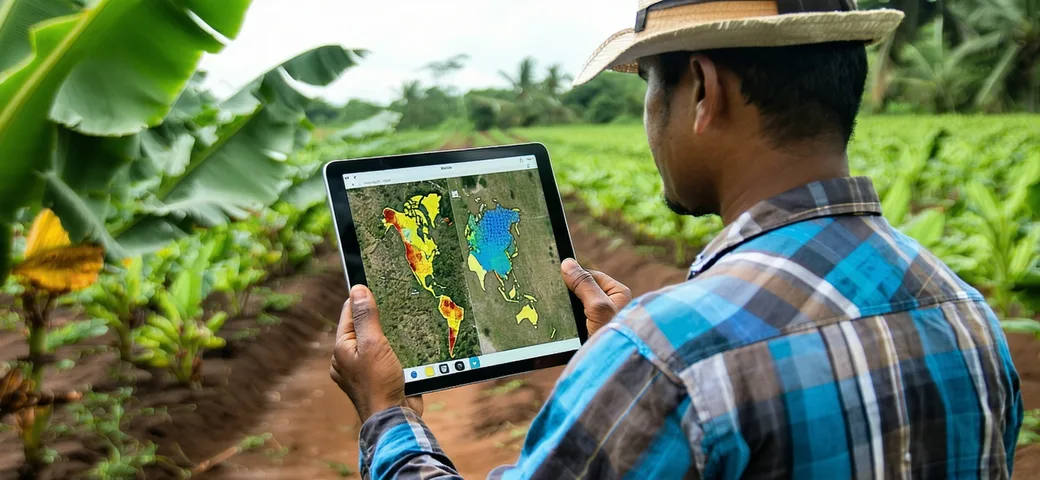 Agronomist reviewing drone report on tablet at edge of banana plantation